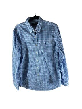 Ralph Lauren Mens Oxford Button Down Shirt Cotton Stretch Gingham Plaid Blue L